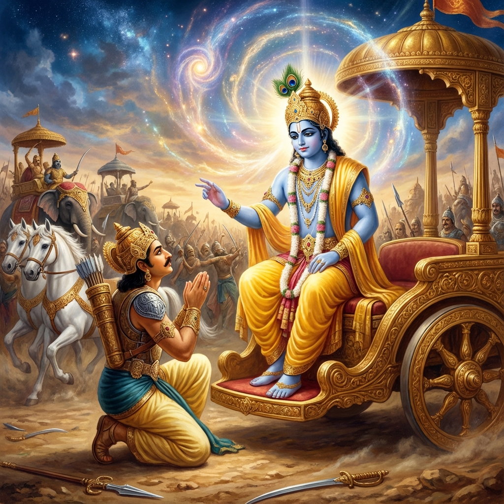 Lord Krishna imparting divine wisdom to Arjuna on the battlefield of Kurukshetra